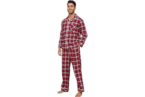 Vulcanodon Men 100% Cotton Pajama Set, Long Sleeve Flannel Pajama Sets Soft Woven Plaid 2 Piece Button Down Lounge Set