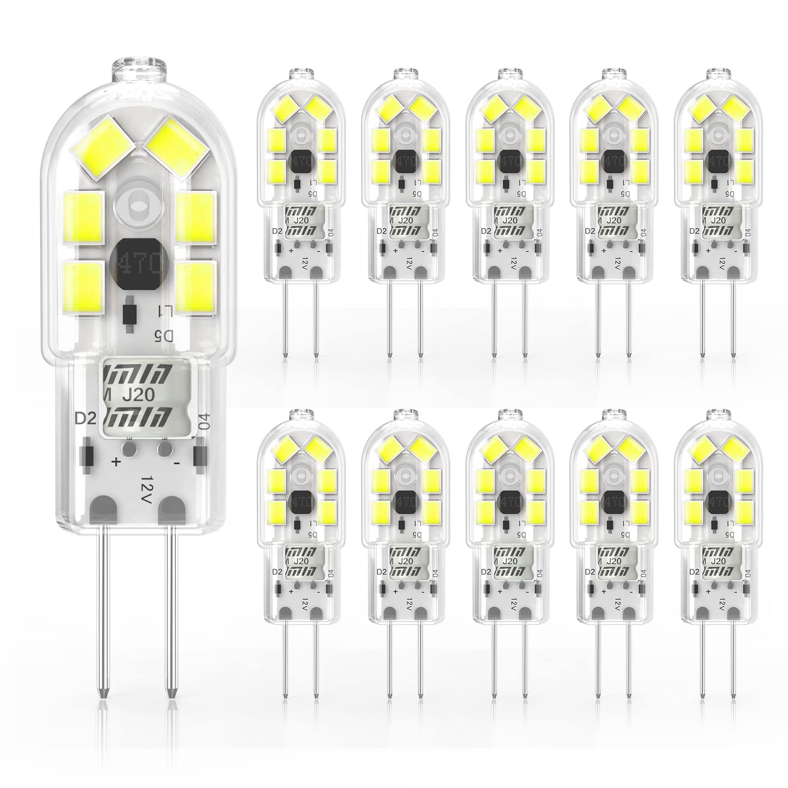 Cxyemt 2W G4 LED Light Bulb Cool White 6000K, Replacement 20W Halogen Bulb, Non Flicker AC/DC 12V Energy Saving G4 LED Capsule Bulbs, Non-Dimmable, 10 Pack