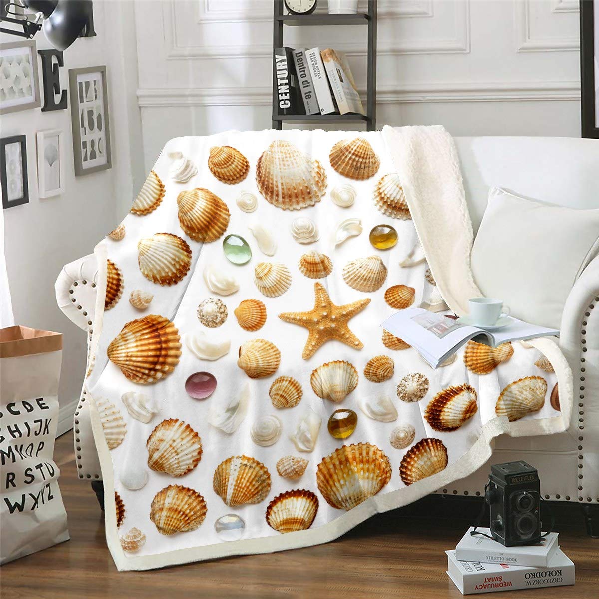 Loussiesd Beach Starfish Throw Blanket Ocean Marine Themed Sherpa Blanket for Couch Chair Sofa Couch Shell Fleece Blanket Sea Creatures Warm Plush Blanket Bedroom Decor Single 50"x60"