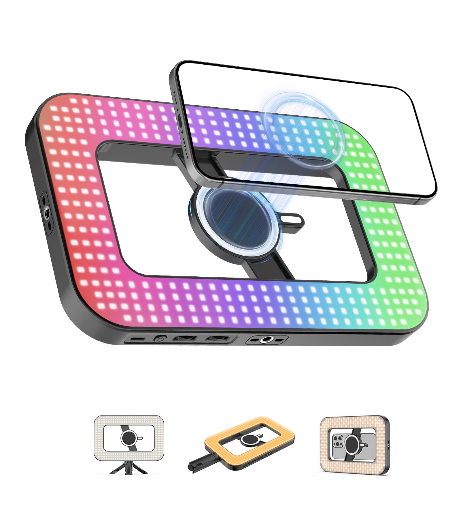 Photo 1 of Double-Sided Magnetic Phone Ring Light with Mini Tripod Stand,448 LED 6000mAh Rechargeable RGB Selfie Light for iPhone,Handheld Stabilizer with Light for Magsafe/Phones/Video Recording/Makeup/Photos