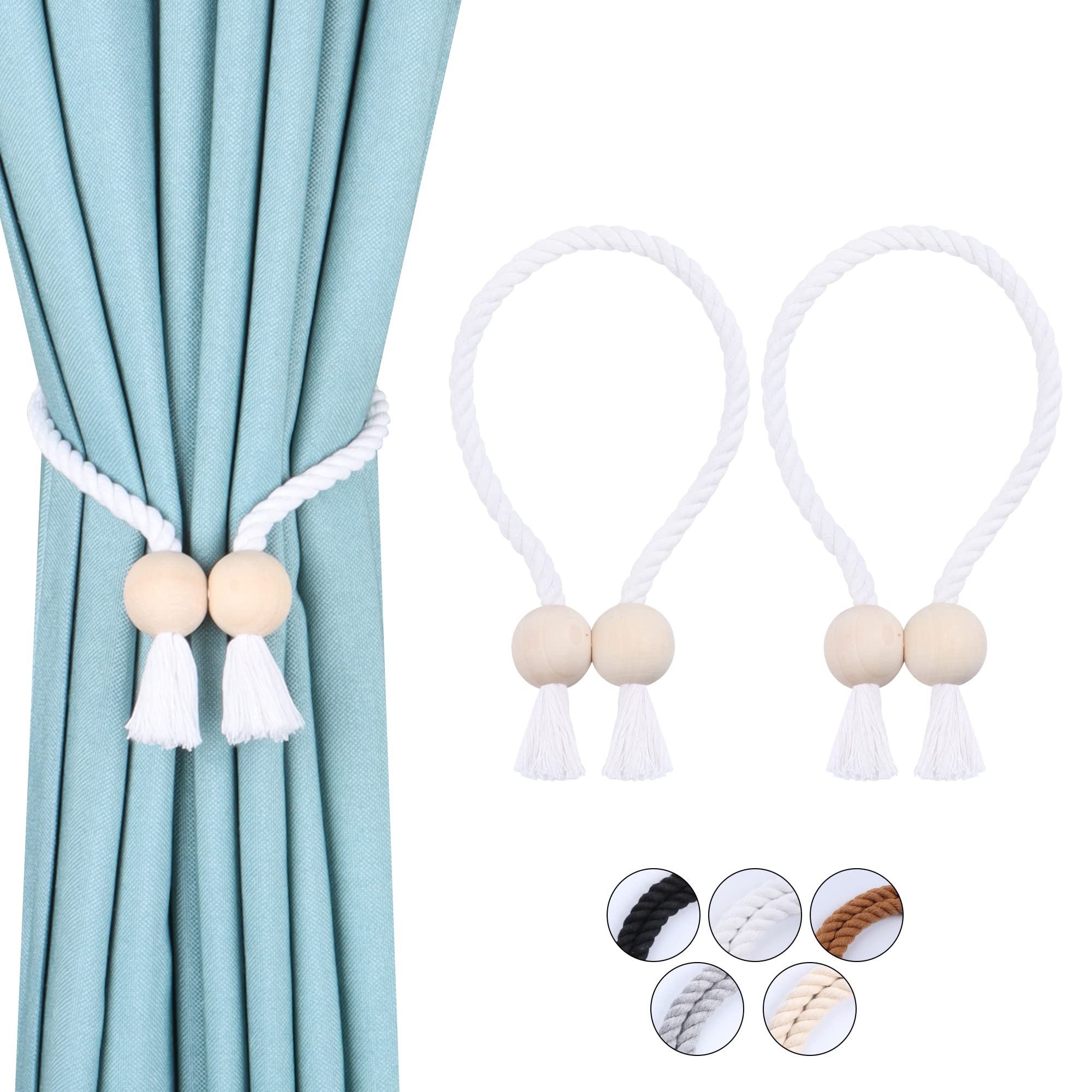 OCIOLI 2 Pack Strong Magnetic Curtain Tiebacks Curtain Holdbacks Outdoor Curtain Tiebacks Cotton Hand Woven Tie Backs Drapery Holdbacks Curtain Ties for Drapes (White - Ball, 2)