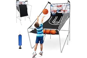 Goplus Foldable Dual Shot Basketball Arcade Game, Electronic Basketball Hoop w/LCD Scoreboard, 8 Game Modes, 4 Balls, Indoor Outdoor Basketball Game Machine for Adults (White+Blue)