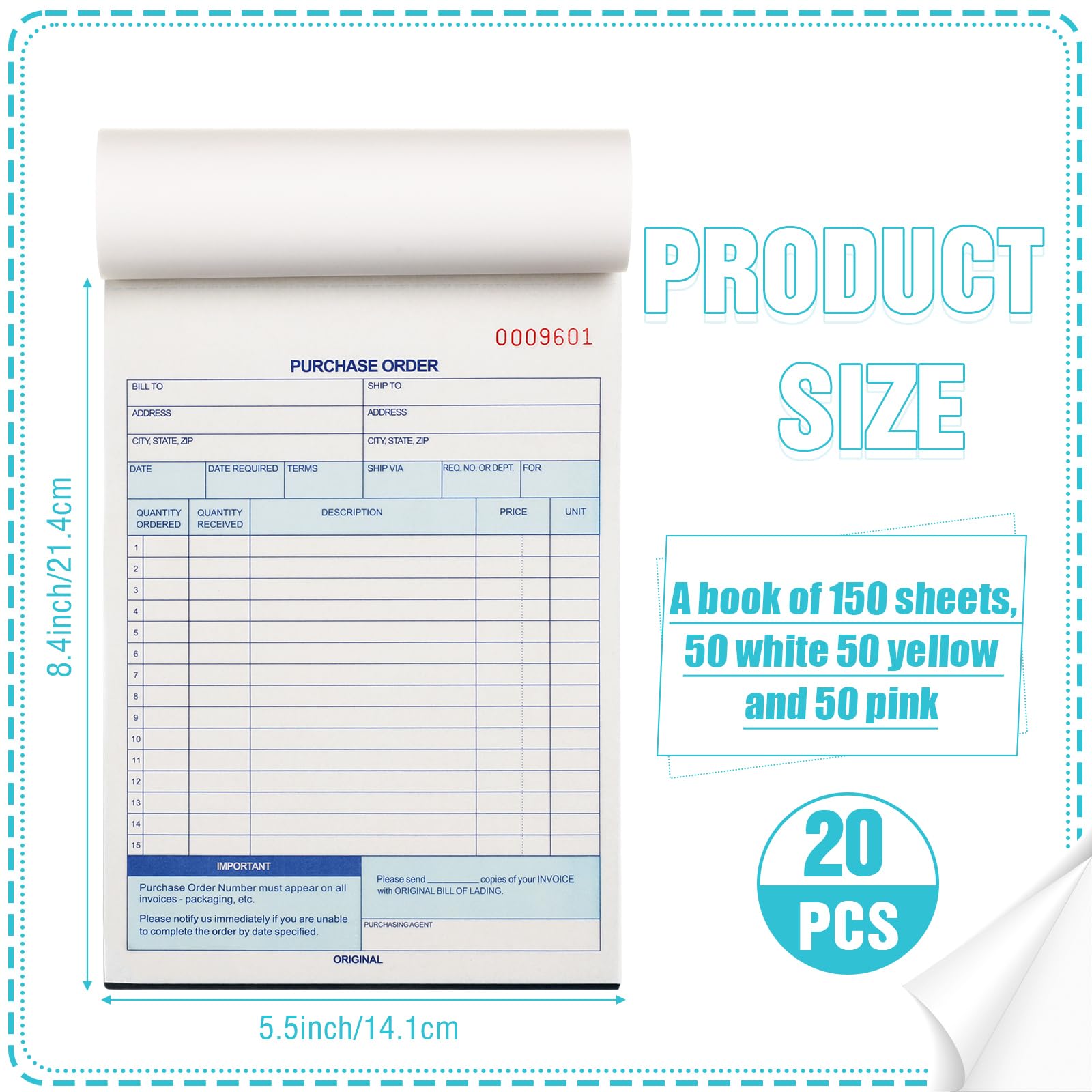 Condition photo showing New/Like New for lincia 20 pack purchase order book 3 part carbonless purchase order forms for small business with ca