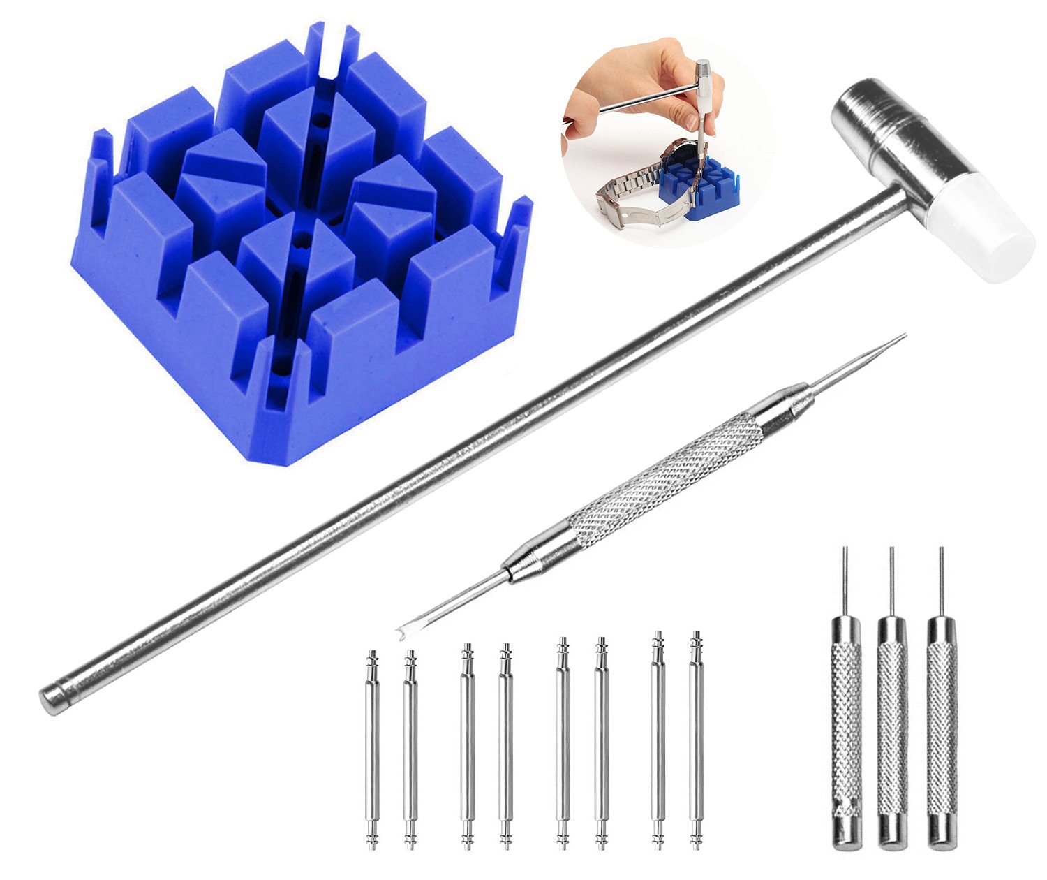 Watch Repair Kit, Spring Bar Tool Kit with Watch Strap Link Pin Remover/Watch Band Holder/Dual Head Hammer/Watch Pins(18 20 22 24 mm)/Pin Punches, Watch Repair Strap Removal Kit ideal for Watchmaker