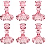 ECHFSM Glass Candlestick Holder,Striped Taper Candle Holders,Set of 6 Candle Stand for Table Centerpieces, Home Decor,Weddings,Festival and Parties (Peach Red Dimond)