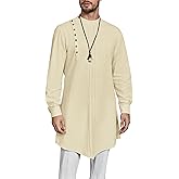 Gafeng Mens Kaftan Thobe Long Sleeve Robe Gown Casual Cotton Linen Button Muslim Shirt