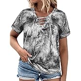 VISLILY Womens-Plus-Size-Summer-Tops Casual Lace Up Front T Shirts Tie Dye V Neck Tees Trendy Short Sleeve Tunics XL-5XL