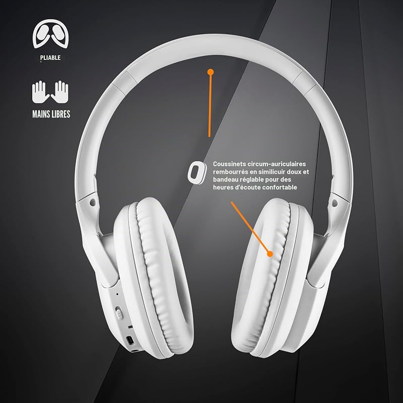 Artica Greed White - Casque Supra-aural sans Fil, Compatible avec la Technologie Bluetooth, Léger et Pliable, Microphone Intégré, Batterie 40h, Couleur Blanc
