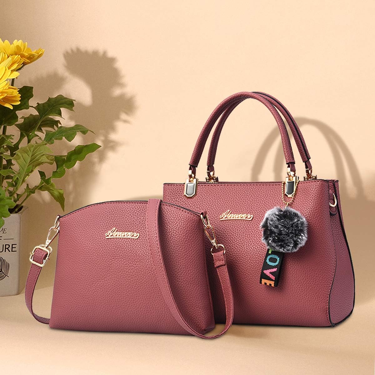 NICOLE & DORIS 2-PCS Women Handbag PU Leather Ladies Fashion Tote Bag Shoulder Bag + Clutch Wallet with Pompom Pink - Image 4
