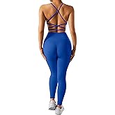 RXRXCOCO Ribbed Workout Sets for Women 2 Piece Backless Strappy Sports Bra Seamless Leggings Matching Set Yoga Outfits