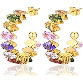 18K Gold Plated C Shaped Hoops Earrings Inlaid Cubic Zirconia - Open Round Diamond Statement Earrings, Multi Colors Crystal Earrings, Minimalist Hooped Fashion Jewelry for Women