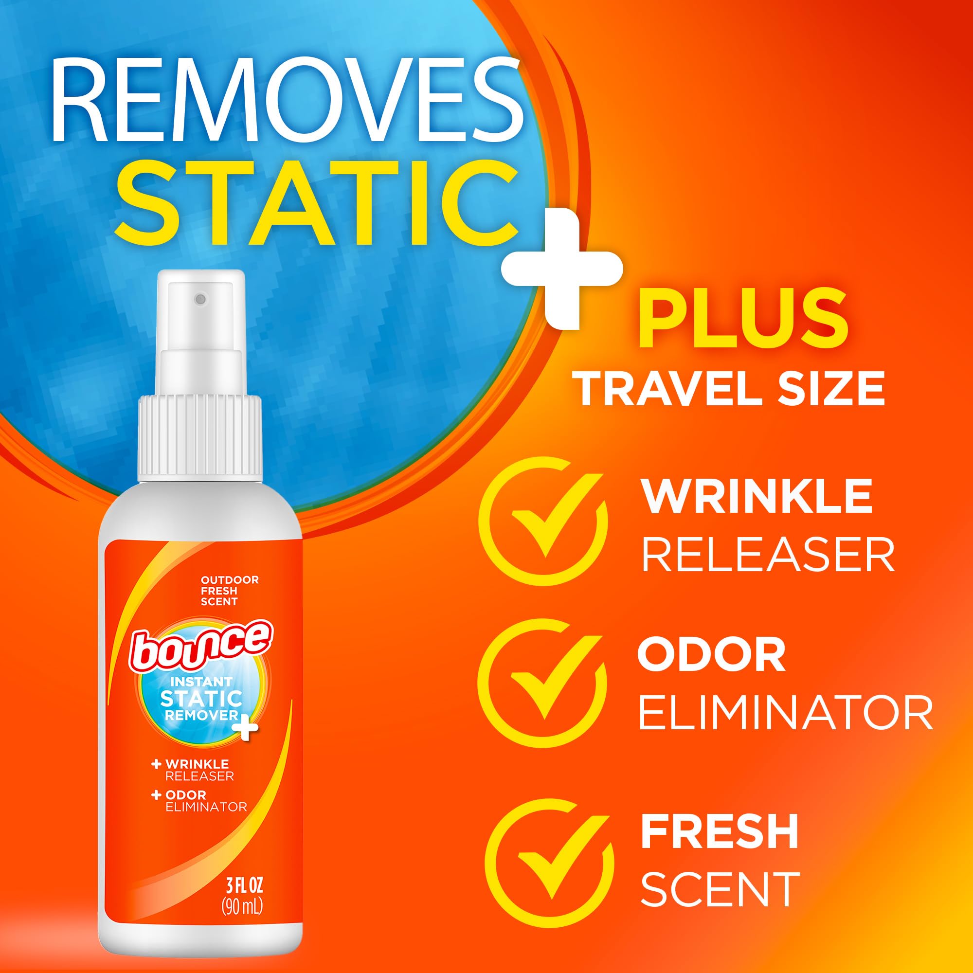 Bounce Anti Static Spray, 3 in 1 Instant Anti Static Spray & Instant Wrinkle Release, Odor Eliminator & Fabric Refresher, Travel Size (3 Oz,Pack of 3)