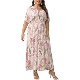 OSTOO Women's Plus Size Hawaii Empire Waist Bat Short Sleeve Casual Floral Print Boho Maxi Dress