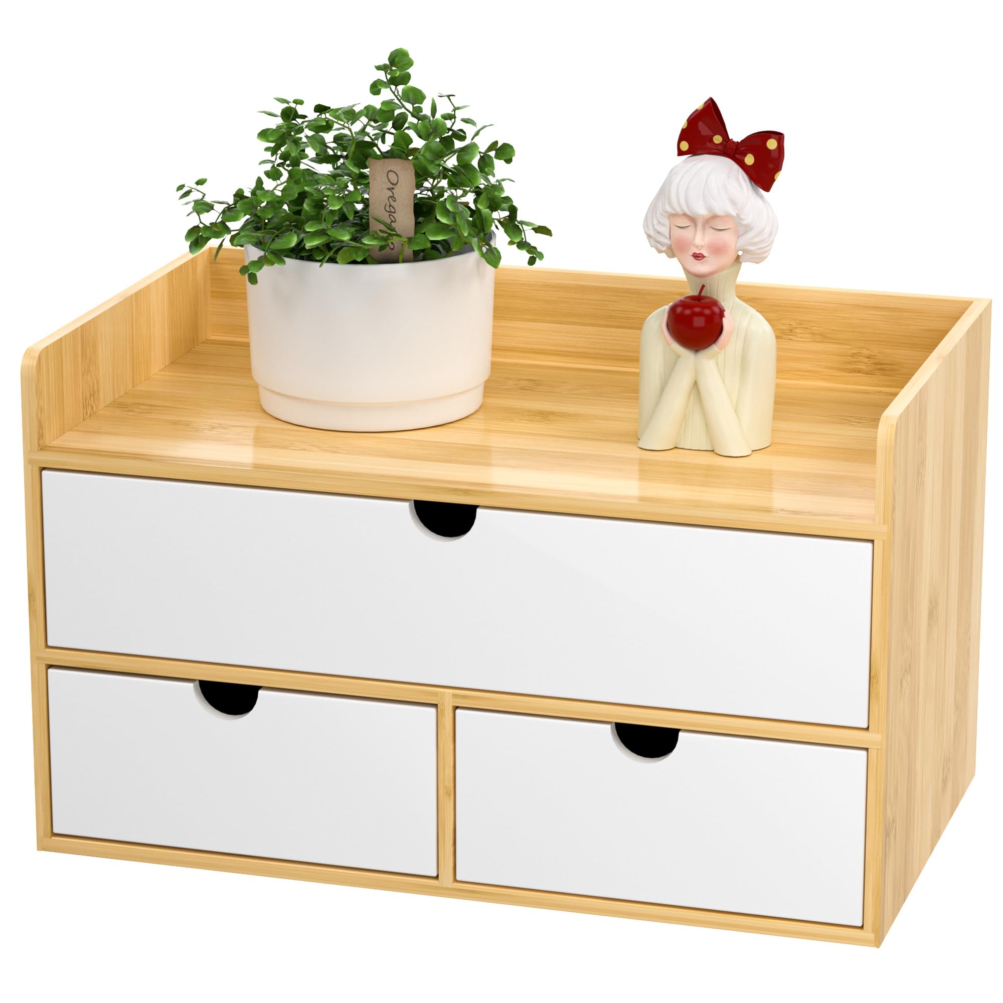 Photo 1 of Wisuce Desk Organizer with Drawers - Bamboo Desktop Organizer Storage | Natural-White Wood Desk Drawers Organizer for Bills, Office Supplies, Cosmetics, Seals No Assembly Required
