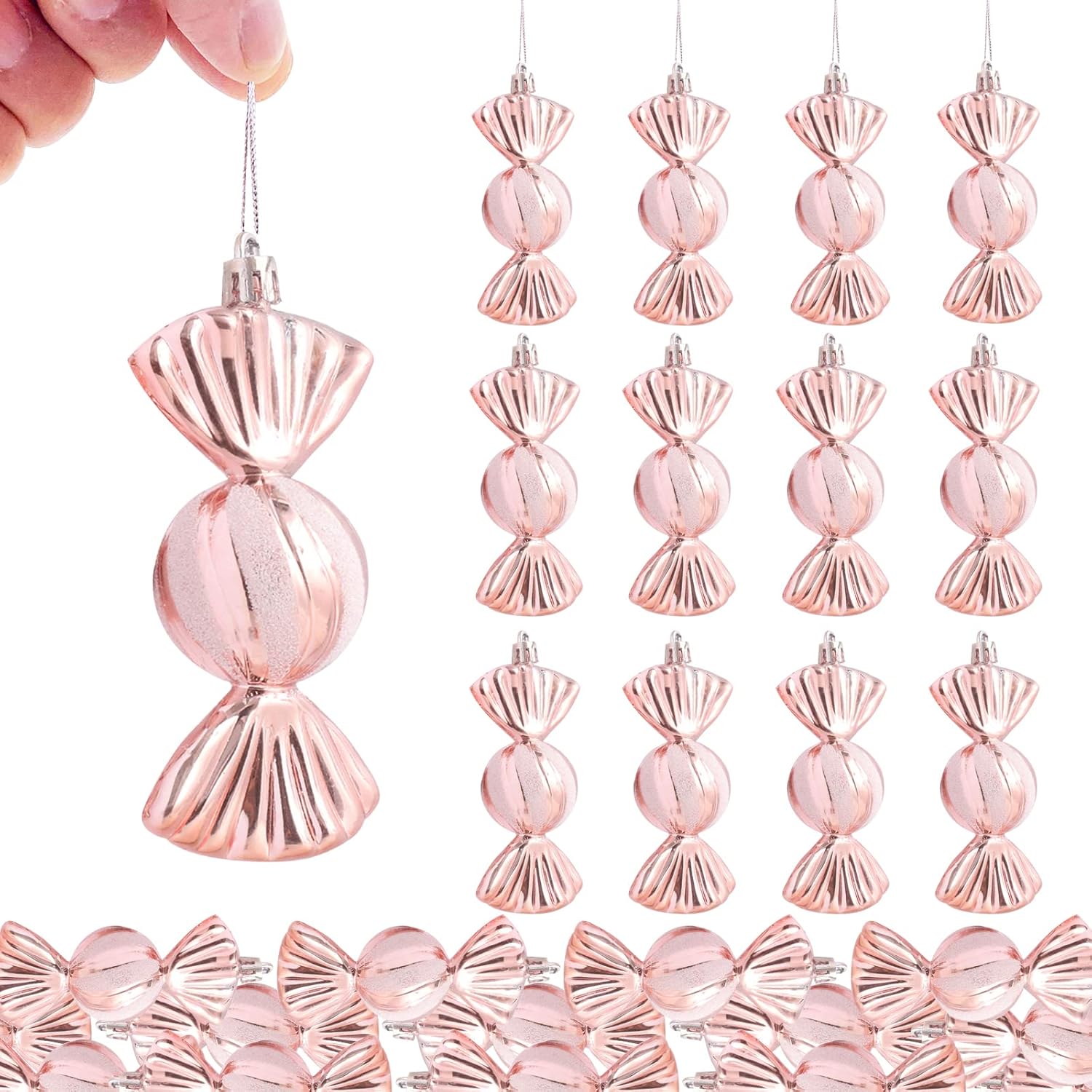 Ornaments - TKYGU 24 shatterproof Christmas Candy Ornaments, Christmas Ornaments Hanging Sparkly Rope Christmas Tree Candy Cane Family Reunion Holiday Supplies Ornaments (White Powder/Rose Gold