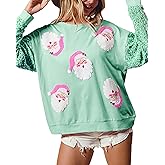 Glkaend Women's Cute Santa Christmas Sweatshirts Funny Graphic Lightweight Sequin Long Sleeve Pullover Hoodies