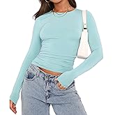 Women's Slim Fit Going Out Crop Tops Casual Solid Color Crew Neck Long Sleeve Tight Tee Shirt Basic Streetwear Light Blue