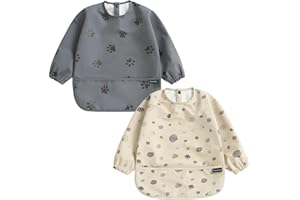 PewinGo Weaning Bib with Long Sleeves 2PCS & BLW, Soft and Skin-Friendly Material, Coverall Bibs for Baby Feeding, Waterproof