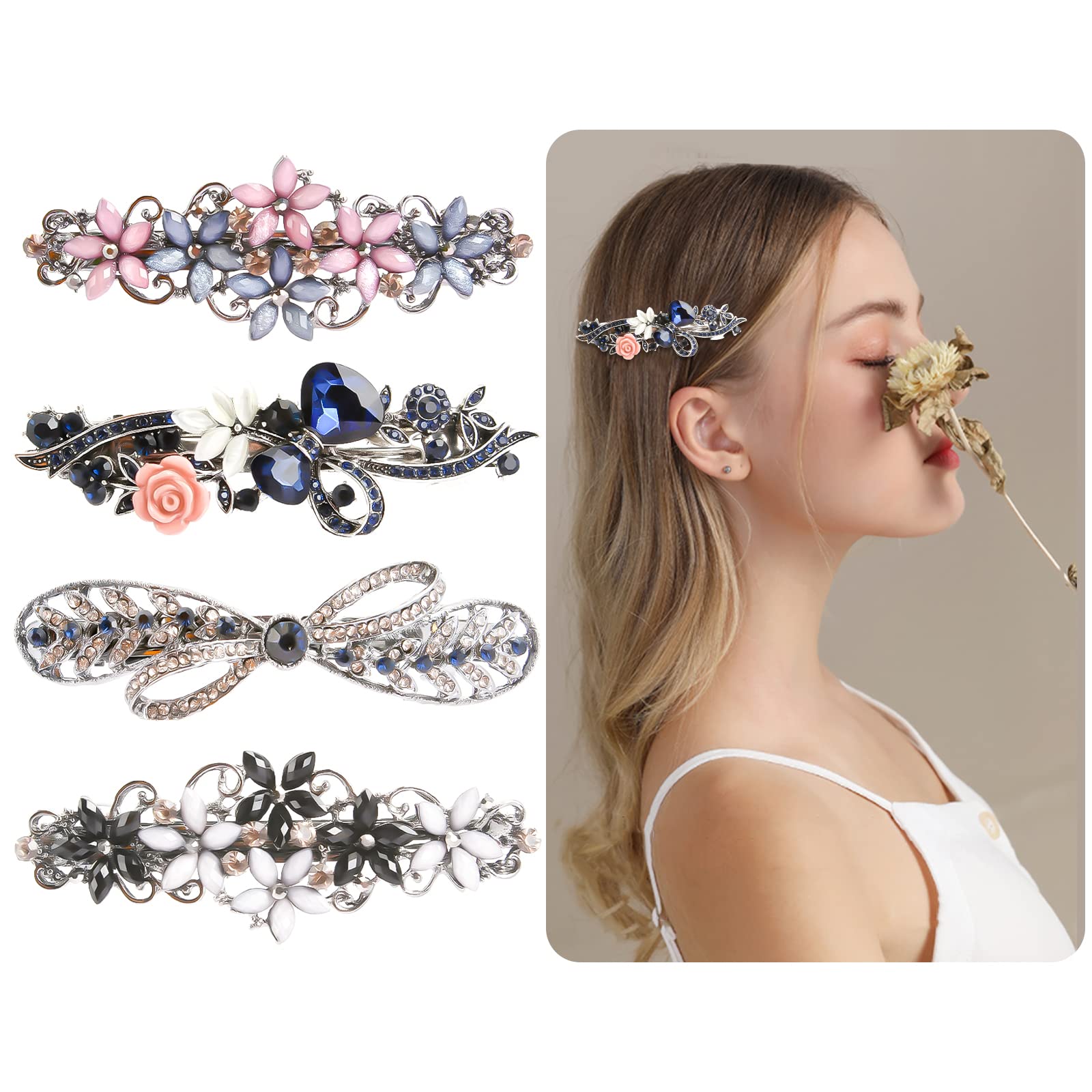 4Pcs Vintage Hair Barrette, Metal Retro Hair Clips Retro French Barrette Vintage Leafy Barrette for Women Girls