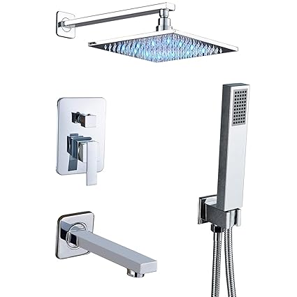Senlesen 3 Way Led Lights 10 Rain Shower Faucet Set Diverter Mixer Valve Handheld Sprayer With Tub Spout Faucet Chrome