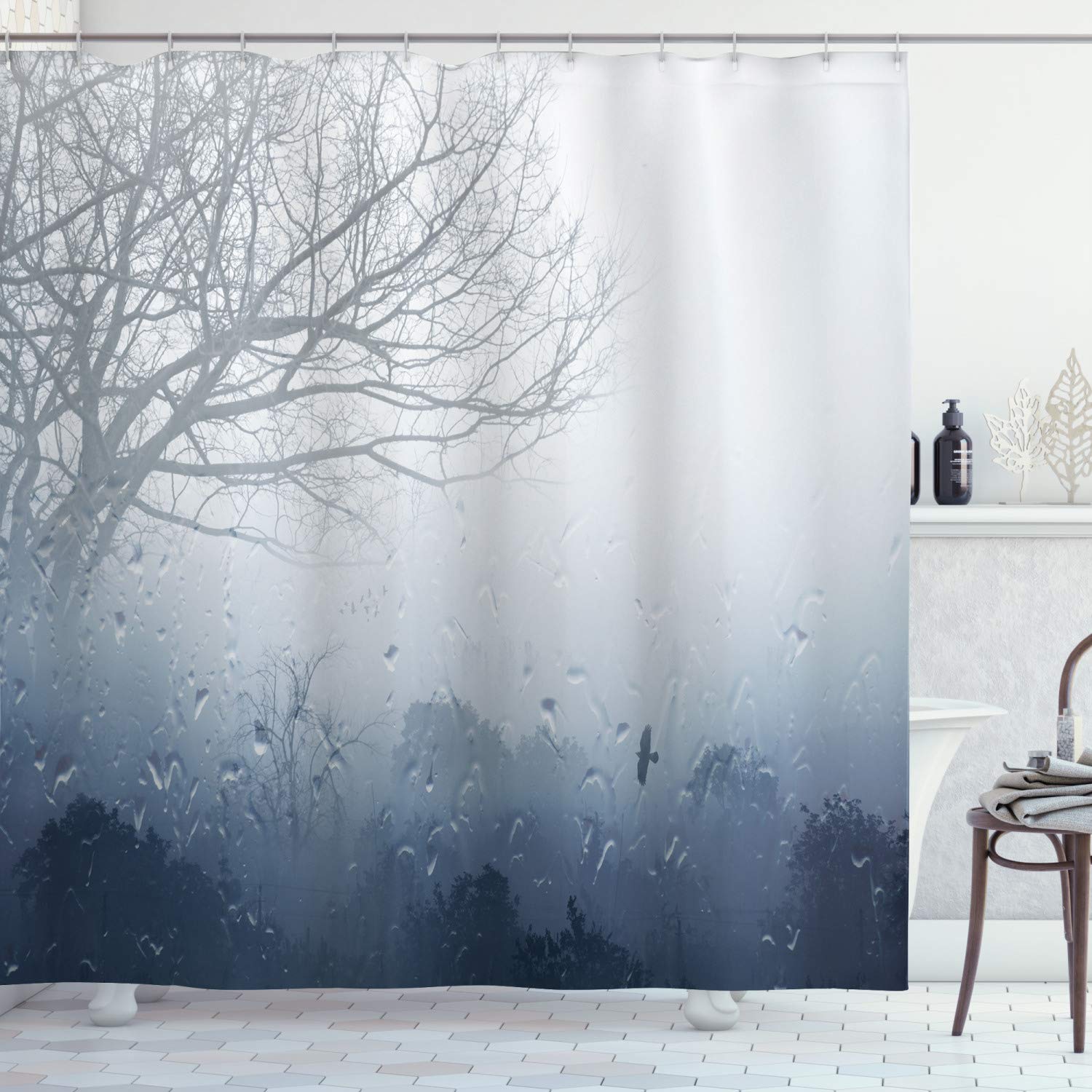ABAKUHAUS Forest Shower Curtain, Raindrops Mystic Foggy Scenery Romantic Window Water Melancholia Therapy Lonely Tree, Cloth Fabric Bathroom Decor Set with Hooks, 70 Inches, Denim Grey