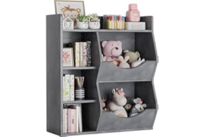 SunnyFurn Kids 3-Tier Toy Storage Organizer Kids Bookshelf Double Side Gray- 5 Compartment Bookshelf & Toy Shelf for Bedroom, Living Room, and Kindergarten
