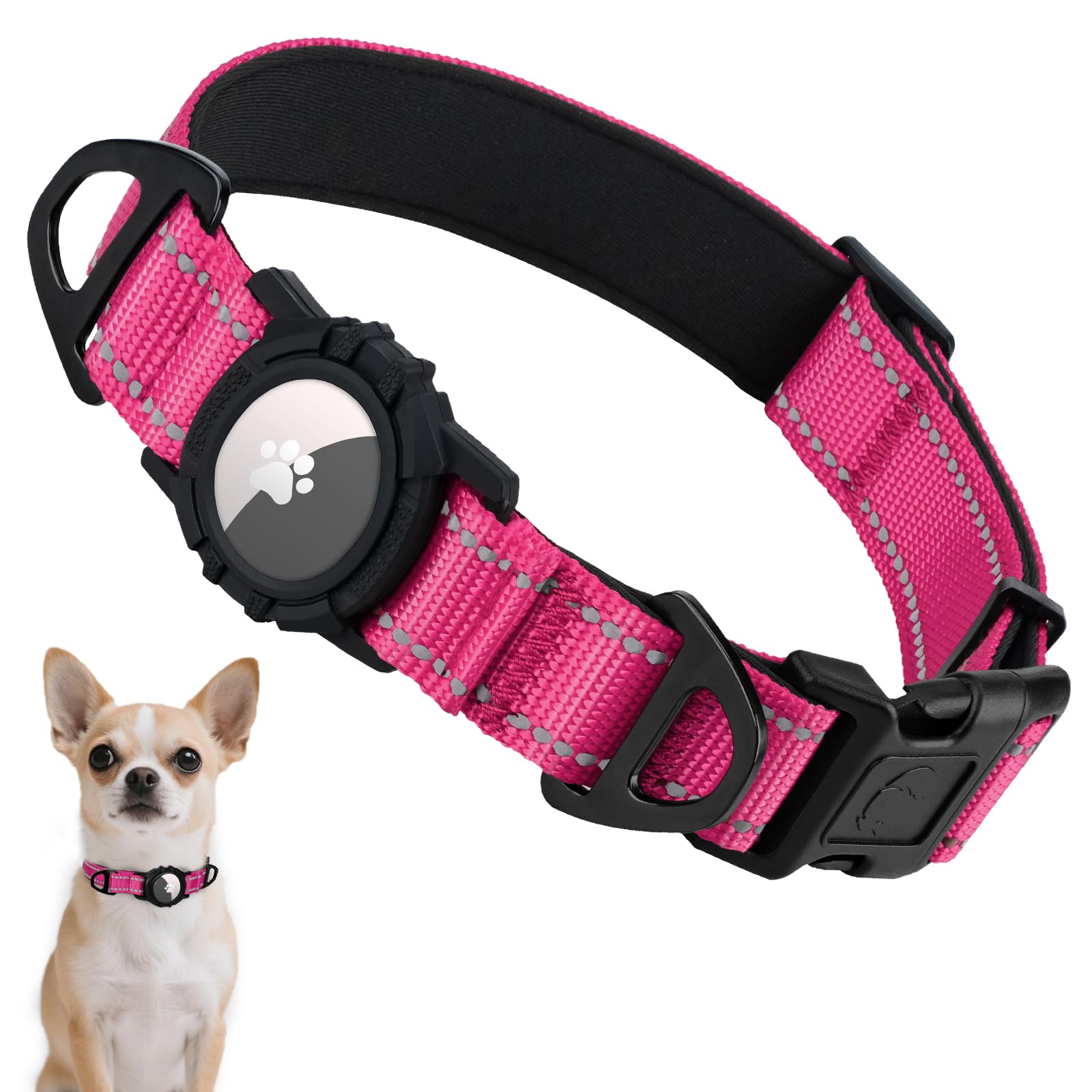 Photo 1 of Taglory Reflective AirTag Dog Collar with Waterproof Airtag Holder, Dual D-Rings, Quick Release Buckle, Adjustable Soft Padded for Puppies Night Walking, Outdoor Tracking, Hot Pink, XS