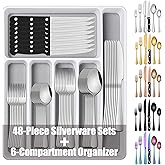 49 Pieces Silverware Sets With Organizer And Steak Knives,Stainless Steel Flatware Sets Service For 8 Person For Home Kitchen,Tableware Cutlery Sets,Includes Knife Spoon and Forks Sets