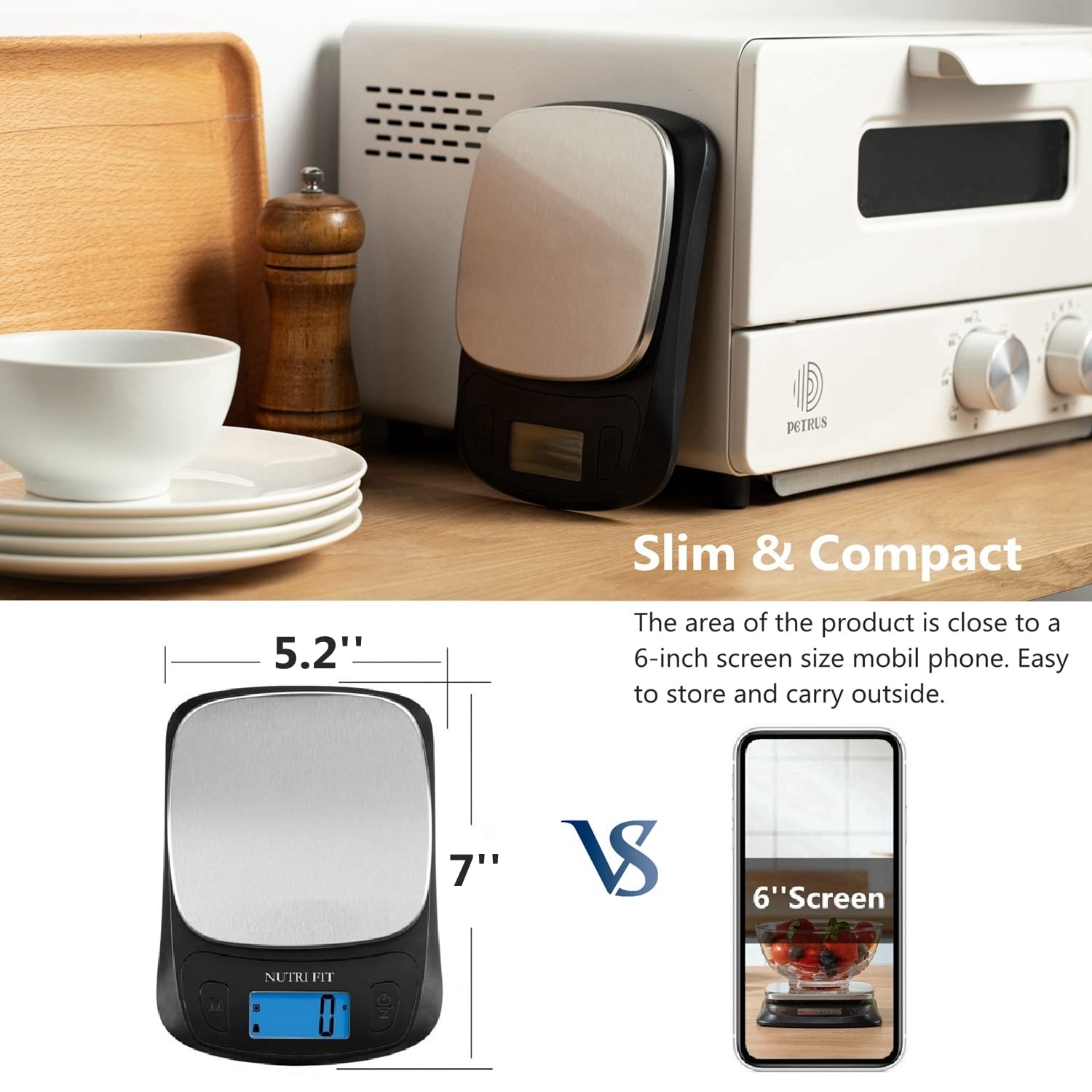 NUTRI FIT Ultra Slim Kitchen Scale Digital Food Weight Scale for Baking Cooking in Grams and Ounces Tare & Backlit LCD Display 11lb 5kg Capacity- Black/Stainless Steel