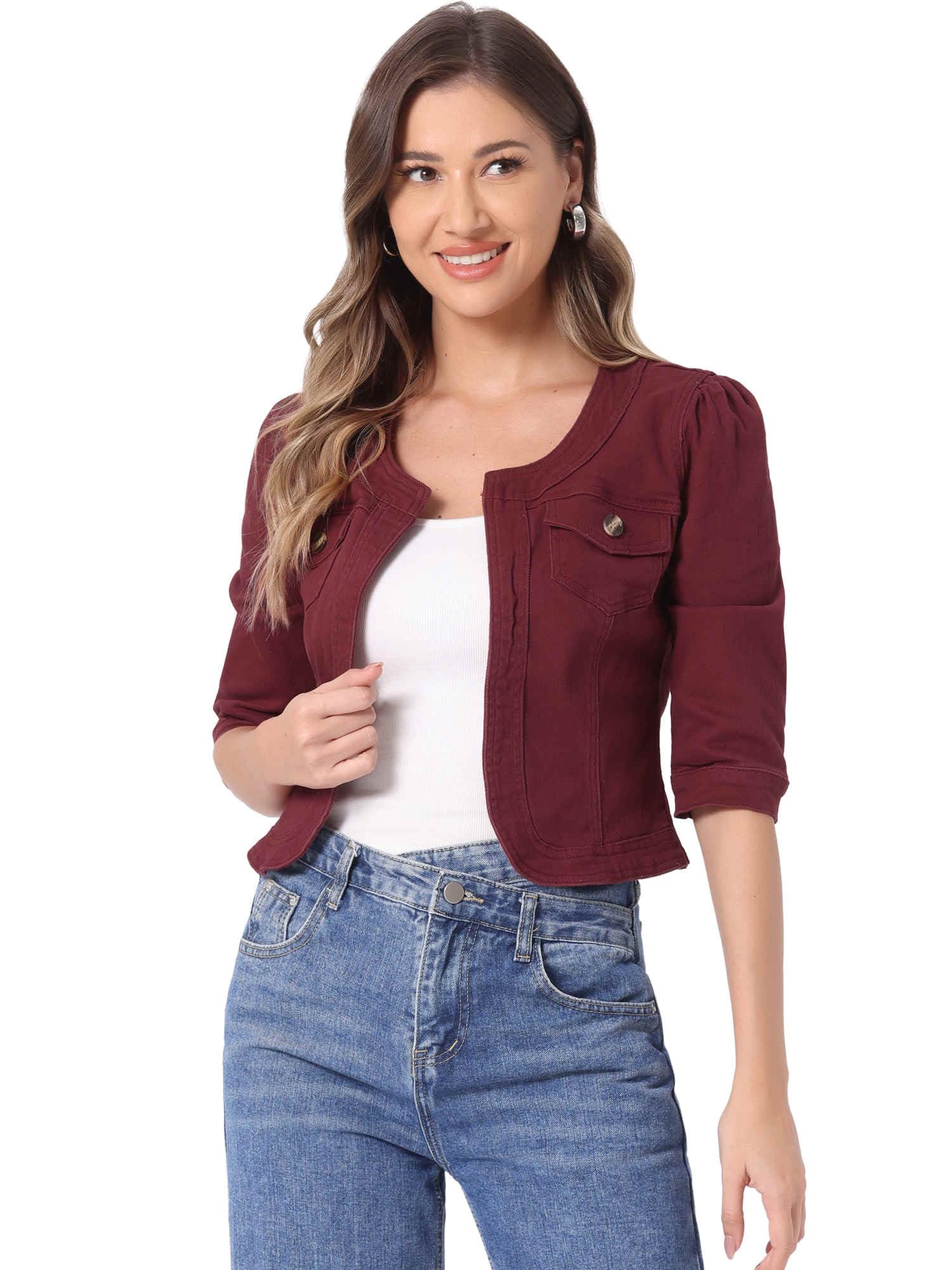 Photo 1 of Allegra K Denim Jacket for Women's Collarless Cardigan 3/4 Sleeve Crop Jean Jackets Large Purple Red
