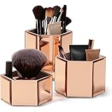 Beautify Rose Gold Hexagon Storage Pots for Makeup Cosmetics, Brushes, Jewelry and Accessories Set of 3 with Glass Cleaning Cloth