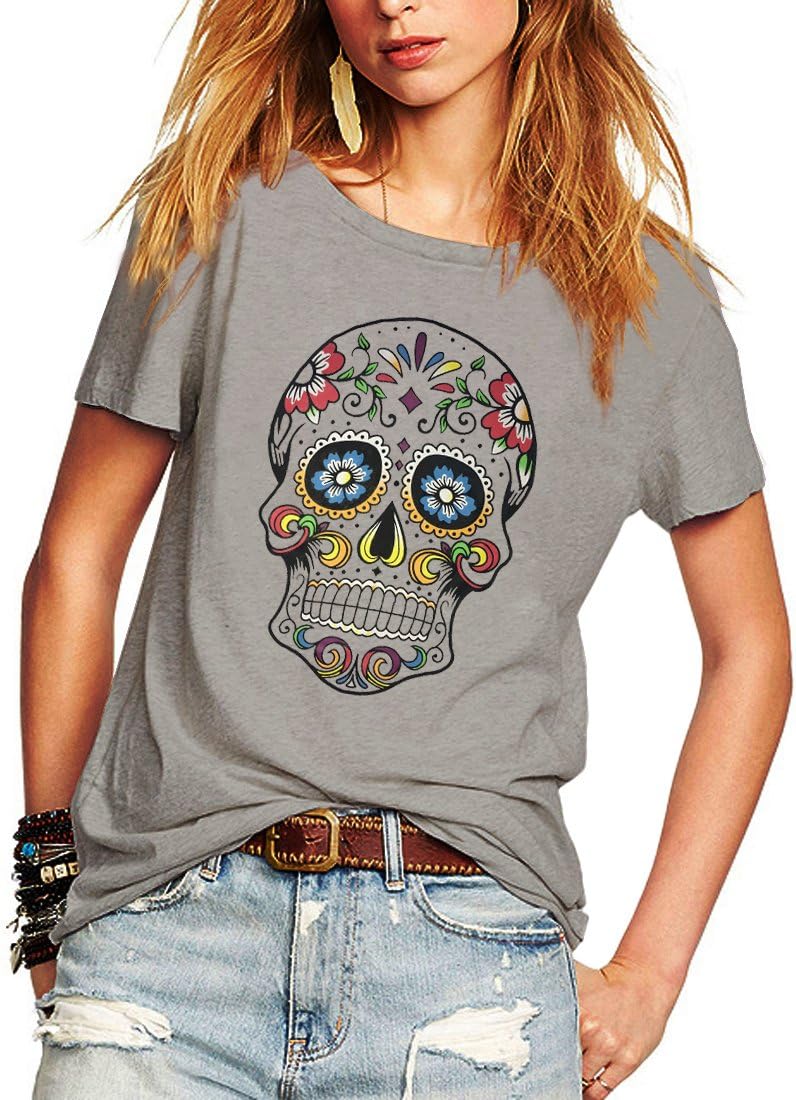 Weigou Woman T Shirt Floral Skull Contrast Color Junior Tops Tee Punk Street Style Lady Shirt