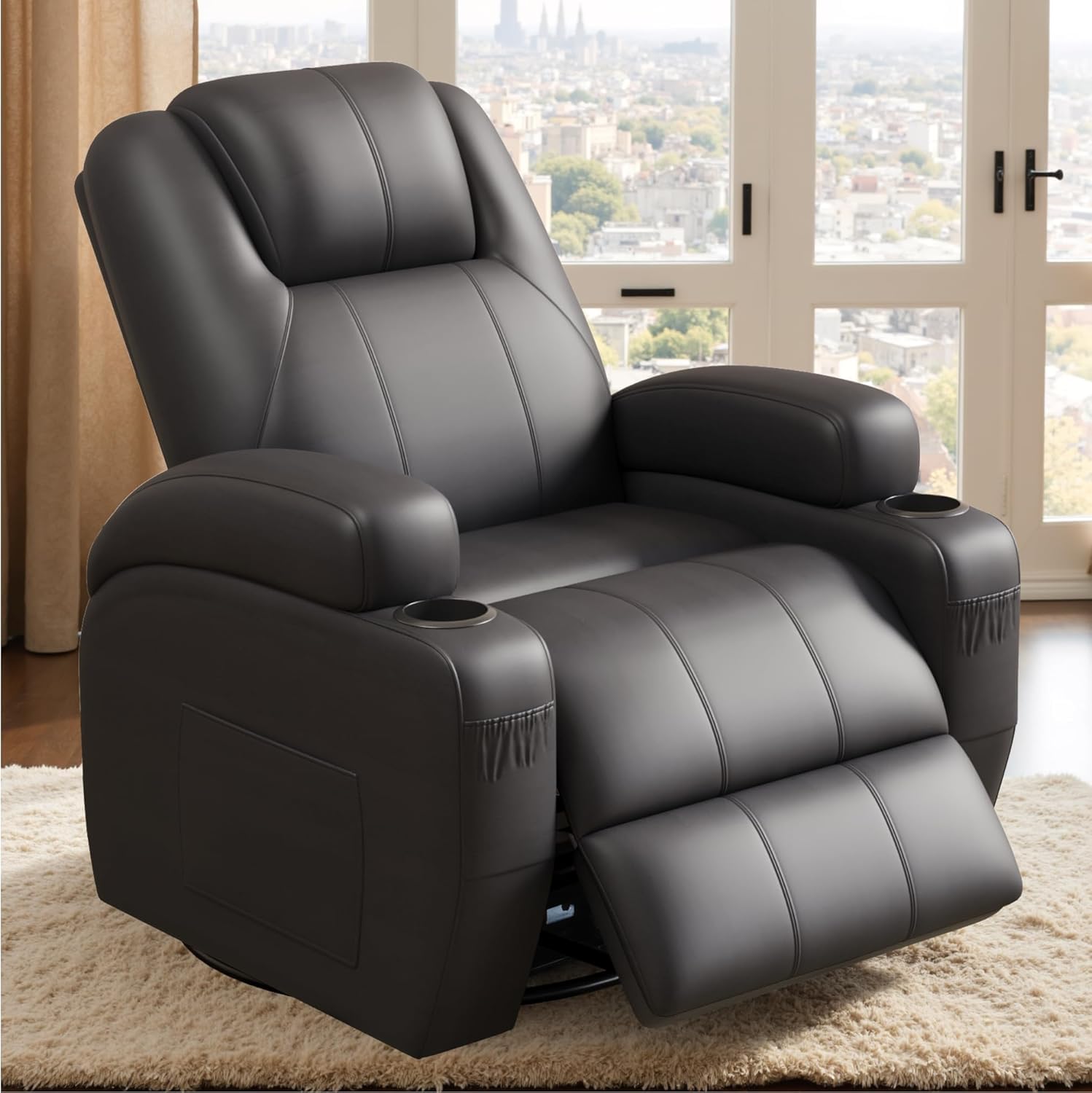 Photo 1 of ***SET***** Flamaker Swivel Rocker Recliner Chair with Vibration Massage, 360° Swivel Recliner Chairs for Adults Ergonomic Lounge Chair with Cup Holders Lazy Boy Recliner Single Sofa Seat (Leather, Black)