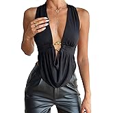 SOLY HUX Women's Plus Size Halter Top Deep Cowl Neck Draped Backless Tank Tops Clubwear