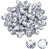 PATIKIL 120 Pcs Ceramic Beads for Jewelry Making, 10mm Flower Printed Round Porcelain Beads Handmade Glazing Beading Supplies for Earring Necklace Bracelets DIY Crafts, Cyan Floral