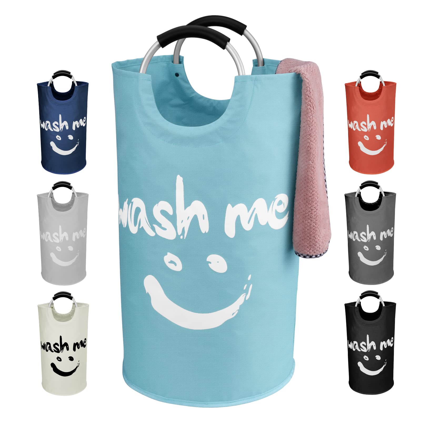 IHOMAGIC 115L Oversized Smile Face Laundry Hamper, Freestanding Storage Bag Durable Clothes Basket, Folding Washing Bin with Alloy Handles, Waterproof Washing Basket for Bedroom College Dorm (Blue)