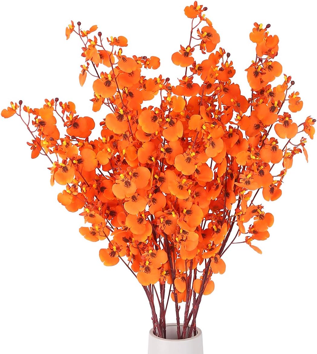 HANTAJANSS Artificial Orchids Flowers, 8 Pcs Orchids Silk Fake Flowers in Bulk Flowers Artificial for Indoor Outdoor Wedding Home Office Decoration (Orange)