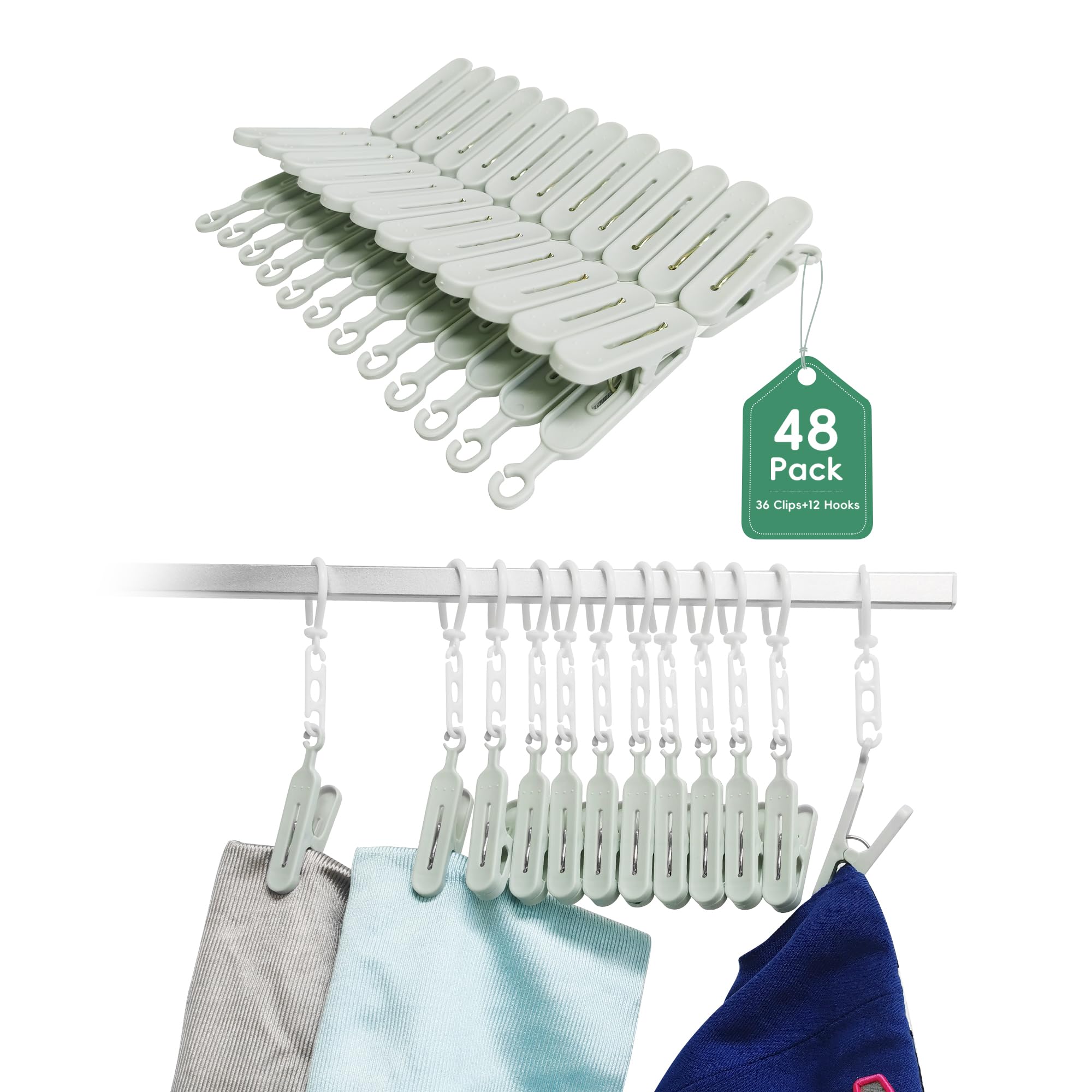 Foyer Nuage Plastic Laundry Pegs, Pack of 36 With 12 Hooks, Windproof Clothes Pegs for Washing Line, Bag Sealing Clips