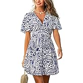 CUPSHE Women's Summer Dresses Abstract Plunging V Neck Short Sleeve Elastic Waist Mini Dress