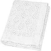 Knitted Baby Blanket White 100% Cotton Crochet Knit Cellular Breathable Soft Baby Blankets for Toddler Newborn Boy Girls 43x35 Inch