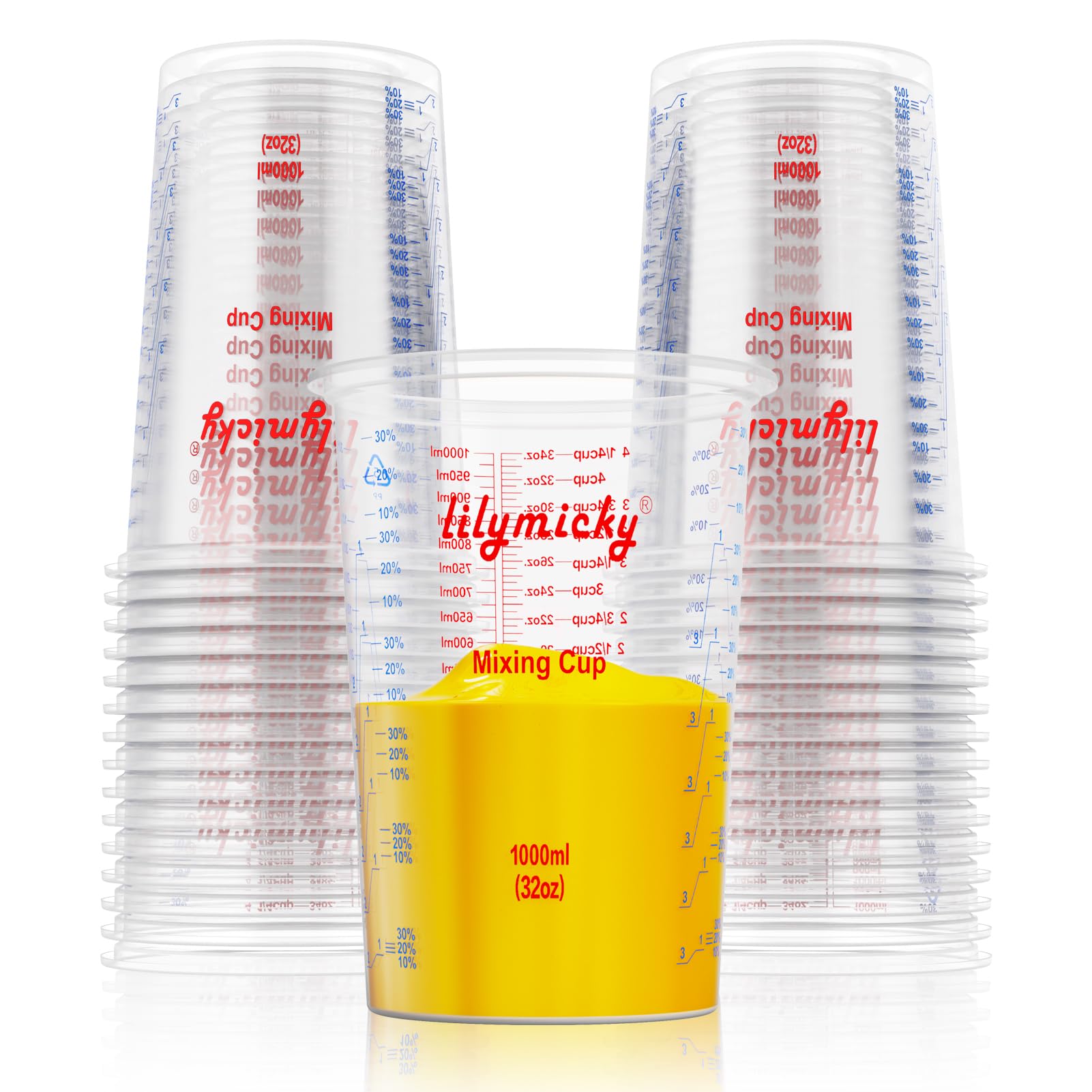 Photo 1 of 25 PACK Plastic Measuring Cups, 32 oz (1000ml) Disposable Mixing Cups, Measurement ratios: 2:1, 3:1, 4:1, Perfect for Epoxy Resin, Paint Mixing, Art DIY