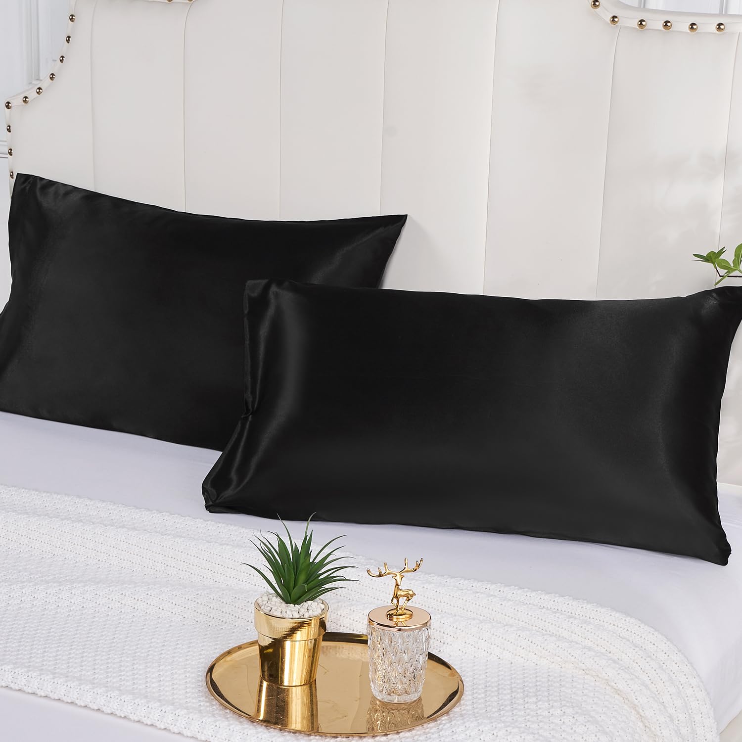 phyrec Satin Silk Pillowcase for Skin and Hair, 2 Pack - Envelope Closure - Bedding Queen Pillow Cases(20" x 30"), Soft Breathable Smooth Cooling Silk Pillow Covers for Sleeping, Black - Image 5
