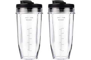 TSPKU 24oz Replacement Blender Cup with Sip & Seal Lid (2 Pack) Compatible with Nutri Ninja Auto iQ BL480 BL482 BL642 BL682 BL450 BN401 BN751 BN801 Foodi SS351 Ninja Blender Auto iQ Blade.