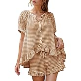 Flygo Womens Gingham Pajamas Set 2 Piece Cotton Pj Lounge Sets Puff Sleeve Ruffle Babydoll Shirt Shorts Summer Outfits