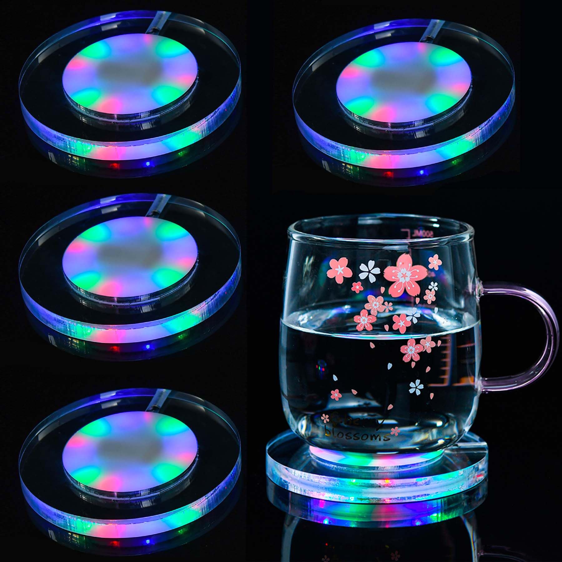 KEEDA LED Drinks Coaster, Rechargeable Light Up Acrylic Coaster for Bar Cocktail Beer Beverage, Bottle Cup Luminous Mat for Party, Wedding, Bar Club (Round 4 Pack)