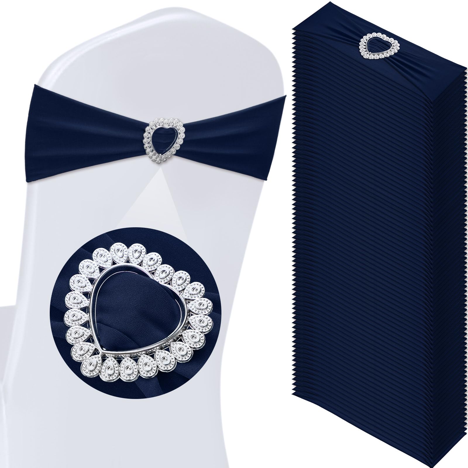 Photo 1 of VitalCozy 50 Pcs Spandex Chair Sashes with Heart Shaped Buckle Slider Stretch Chair Cover Band Universal Elastic Chair Ties for Wedding Banquet Event Party Decoration(Deep Blue)