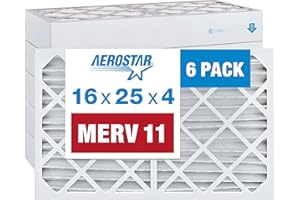 Aerostar 16x25x4 MERV 11 Pleated Air Filter, AC Furnace Air Filter, 6 Pack (Actual Size: 15 1/2"x24 1/2"x3 3/4")