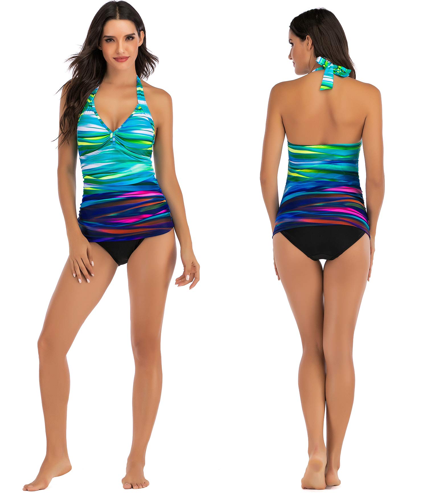 Mingnos Halter Tankini Sets für Damen Bauchweg Bademode V-Ausschnitt Badeoberteile Slim Ruched Zweiteilige Badeanzüge (Farbverlauf, XL) 6