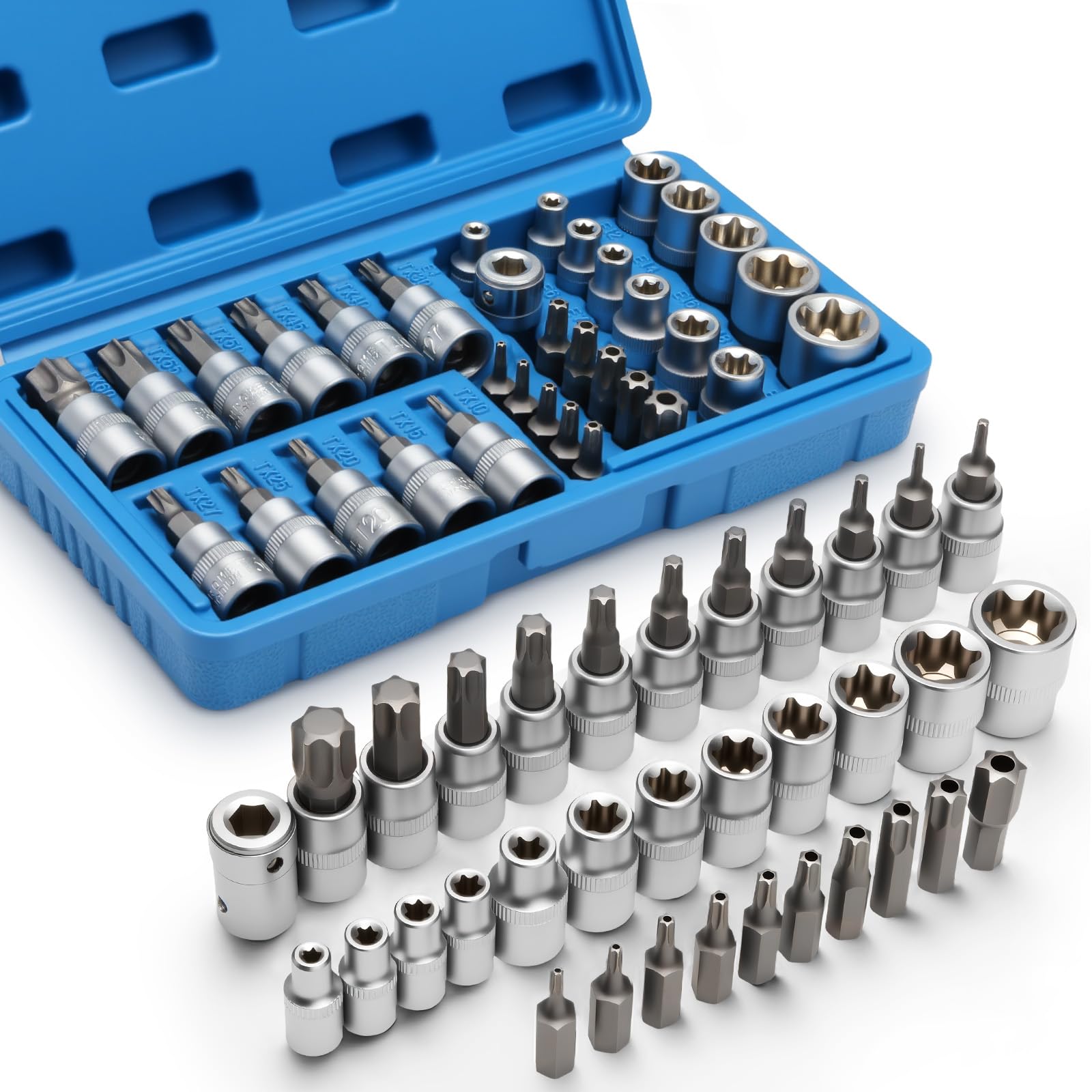 Photo 1 of 34-Piece 3/8'' Drive Torx Star Bit sockets CR-V E-Socket Set, E4-20, T10-60, Tamper Proof Set TT10-TT55, 5/16"F to 3/8"M adapter with Storage Case,S2 Steel, Ideal for Car,Trucks,Home Improvement