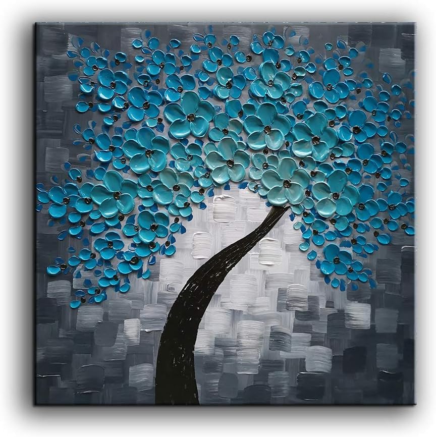 Paintings - YaSheng Art - Blue Tree Flowers Oil Paintings 100% hand-made Oil Painting on Canvas Texture Abstract Art Pictures Canvas Wall Art Paintings Modern Home Decor Abstract Paintings Ready to Hang 24x24inch